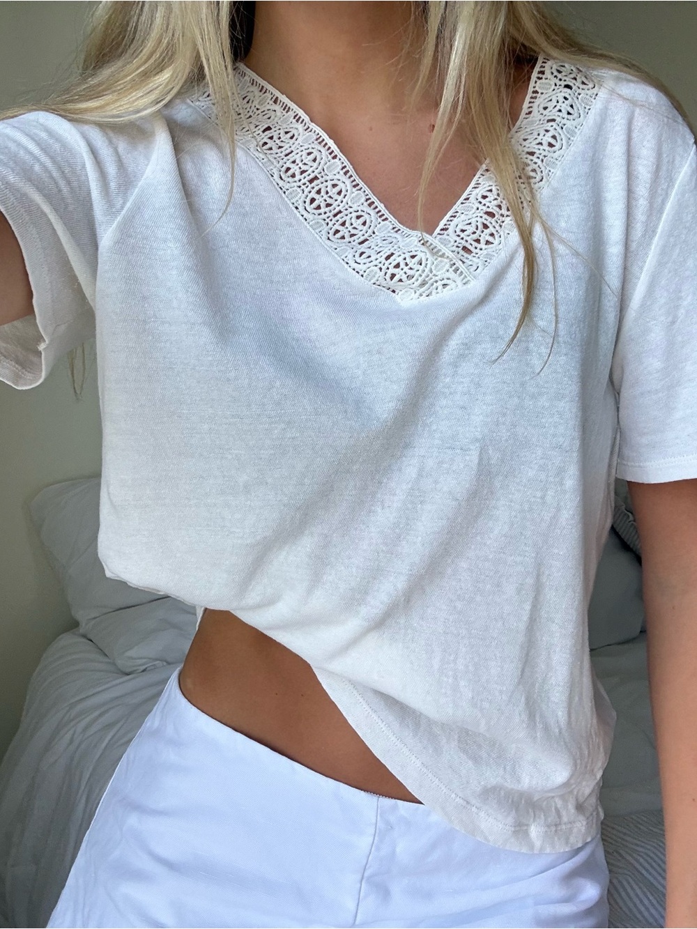Lace-Trim V-Neck White linen blend Top